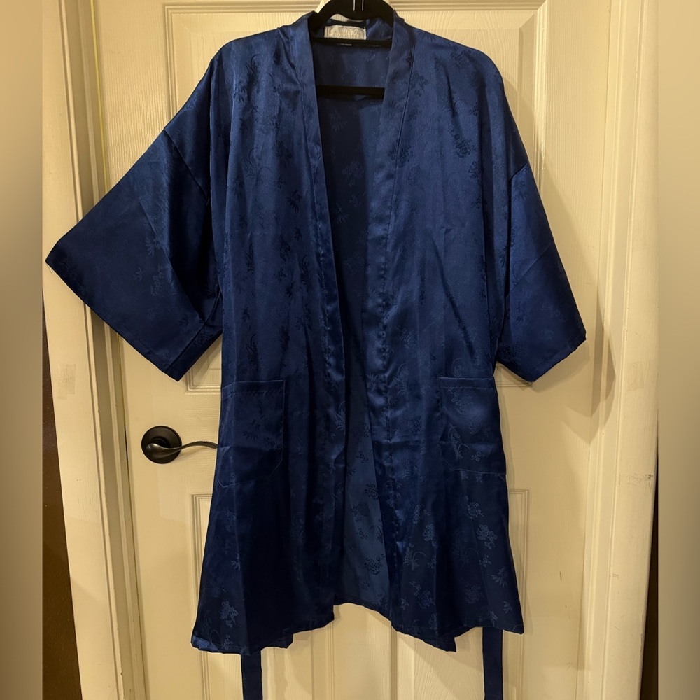 Women's Satin Kimono Robe - Deep Blue